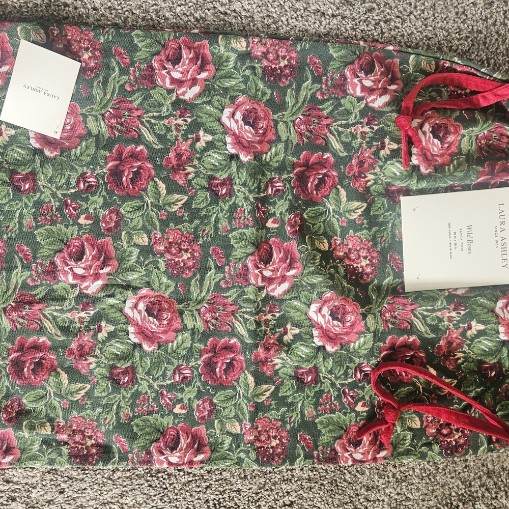 Laura Ashley Rose Print Drawstring Tote in Green and Red
